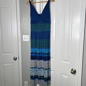 Soma Maxi Sleeveless Dress Womens Medium Blue Medallion V Neck Lounge Casual